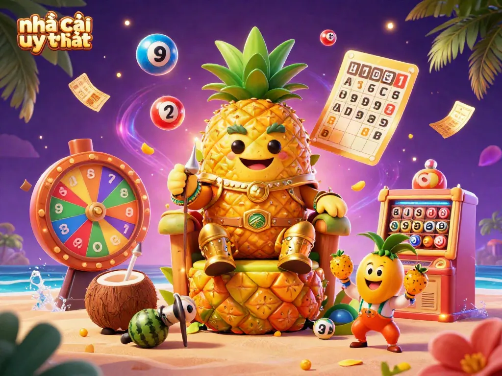 Engage with the vibrant world of nhà cái uy tín, showcasing a golden pineapple king in a tropical casino setting with animated game elements.