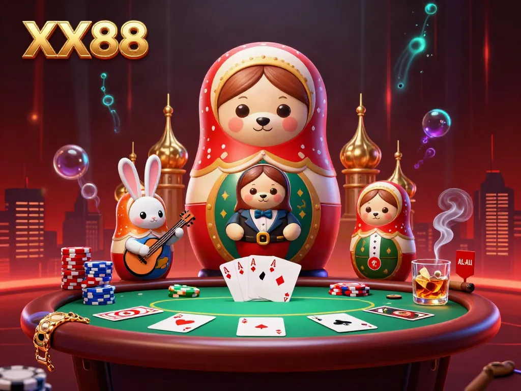 Experience the thrilling ambiance of XX88 with this lively 3D illustration depicting casino-themed characters and vibrant gaming elements.