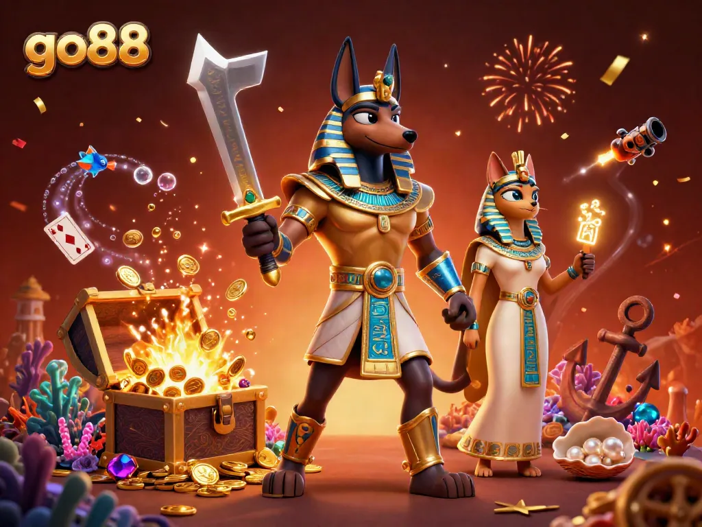 Experience the excitement at go88 with Anubis and Treasures in a vibrant casino scene.