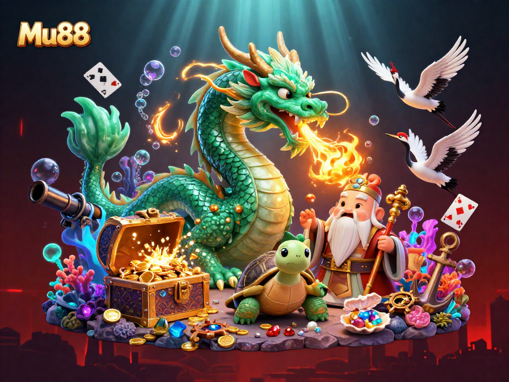 Mu88 showcases thrilling gameplay with vibrant 3D dragon, turtles, and lucky cranes in an engaging casino scene.