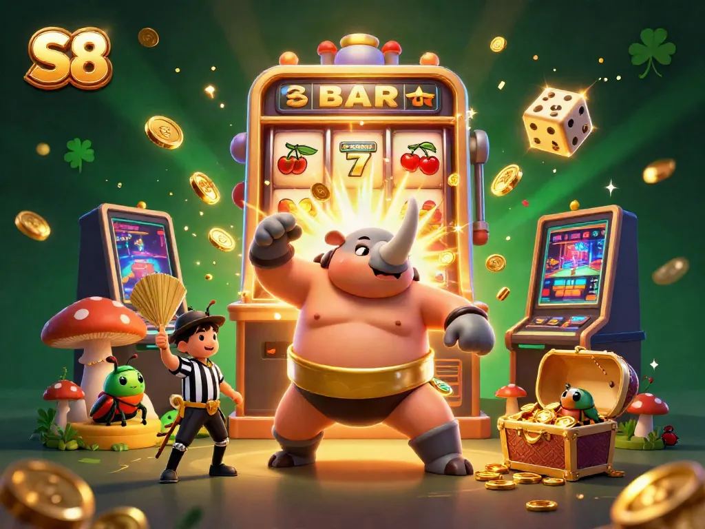 Experience the excitement of S8 gaming with a vibrant 3D scene featuring animated characters, a slot machine, and flying coins.