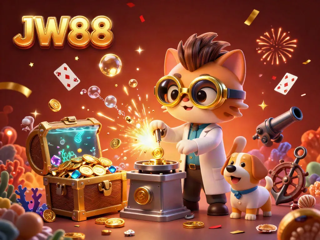Experience the excitement of JW88 with a lively scene of a mad scientist cat and a dog in a vibrant casino-themed laboratory.