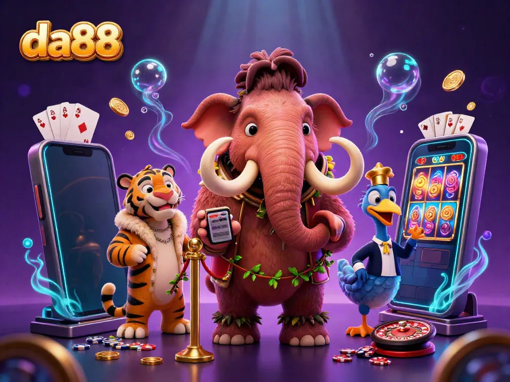 Join the excitement at da88 with vibrant casino characters and dynamic gaming elements in a colorful scene.