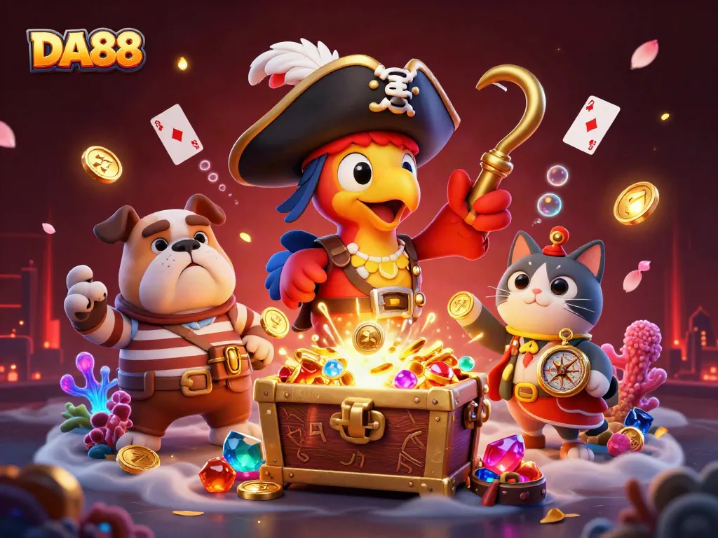 Engage with DA88’s exciting treasure-filled casino, featuring pirates, gold, and colorful gems!