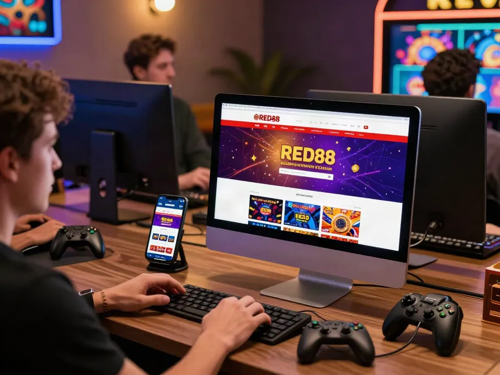 Exciting RED88 online gambling experience with gamers engaging on various devices.