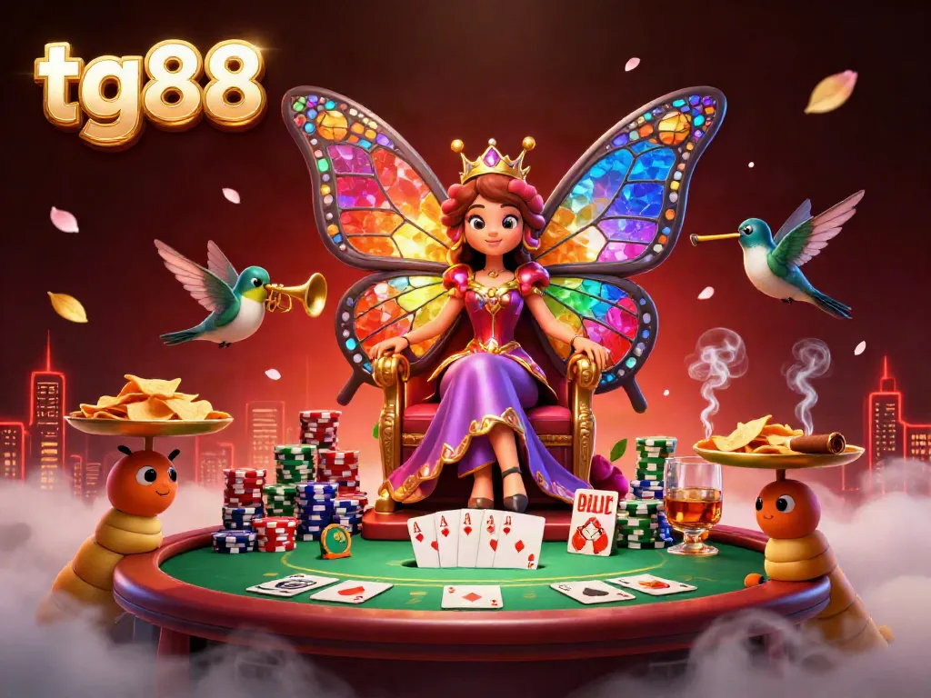 Engage in thrilling gameplay at tg88 with colorful casino elements and a royal butterfly queen.