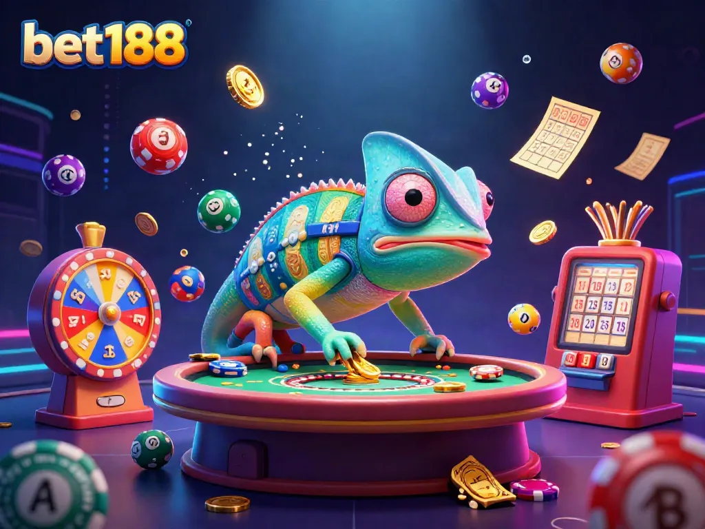 Experience the vibrant casino world with chameleon owner at bet188, surrounded by exciting lottery elements.