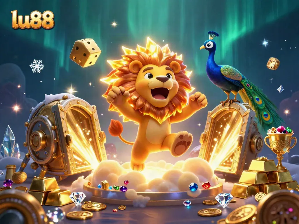 Experience thrilling wins at lu88 with golden lions and treasure amidst sparkling casino elements.