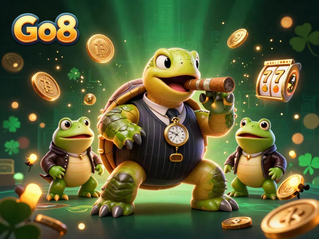 Engage in casino action with Go8's vibrant snapping turtle and bullfrogs, surrounded by slot reels.