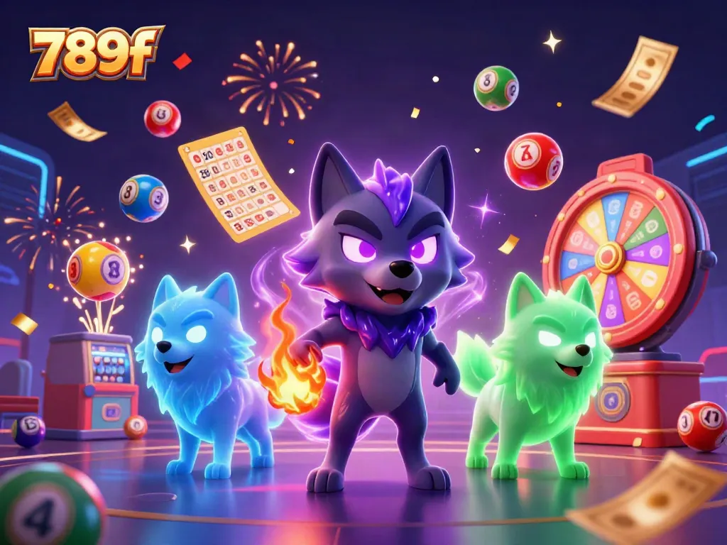 Experience the thrill of 789f casino with vivid glowing characters and dynamic lottery elements.
