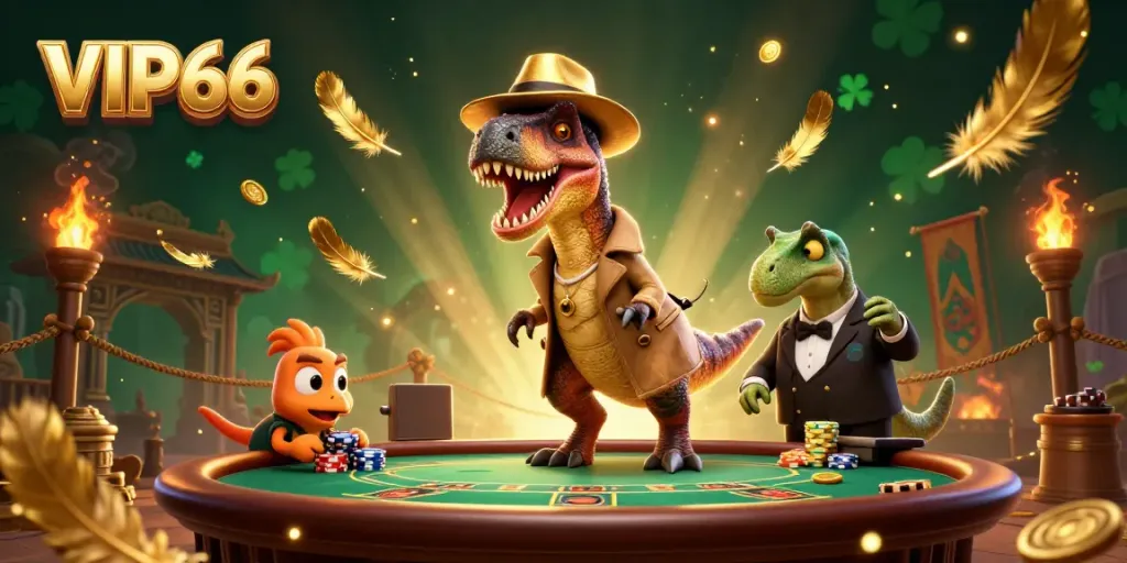 VIP66 casino scene featuring a velociraptor card counter and a stegosaurus pit boss amidst vibrant casino elements.