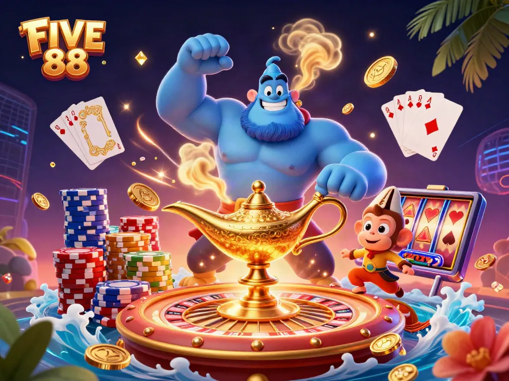 Engage with FIVE 88 in this vibrant scene featuring a magical genie and playful elements of chance.