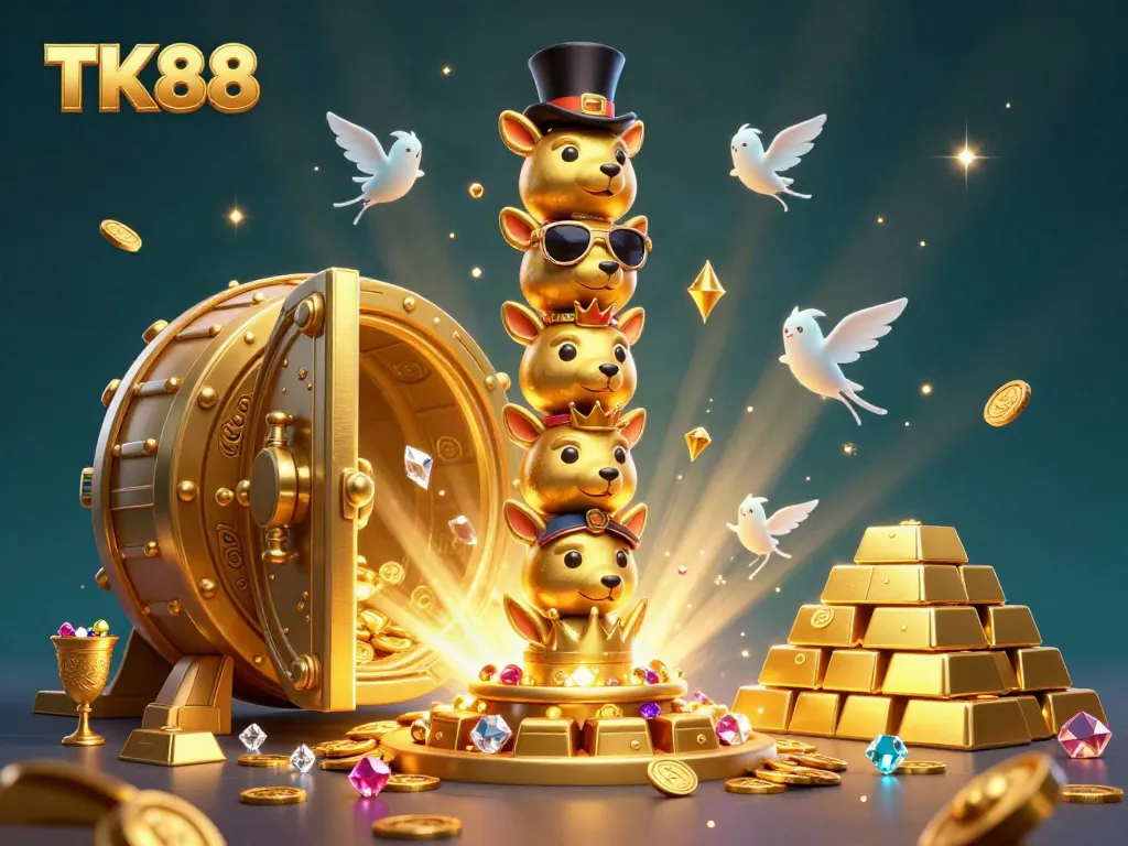 Experience thrilling wins at TK88 with a vibrant 3D totem pole surrounded by treasure elements.