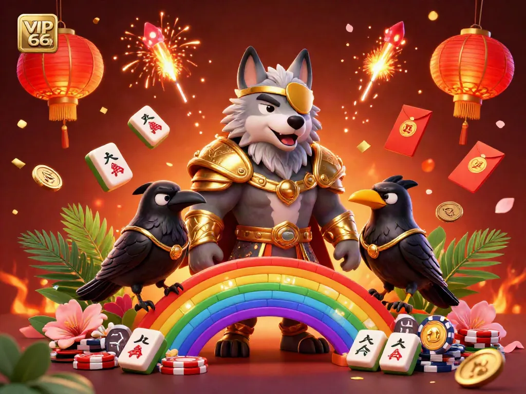Experience the vibrant world of VIP66 with a Norse-inspired wolf and mystical elements in an immersive casino setting.