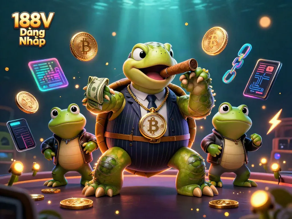 Engage with 188V Đăng Nhập featuring a 3D turtle mobster and bullfrogs in a vibrant casino atmosphere.