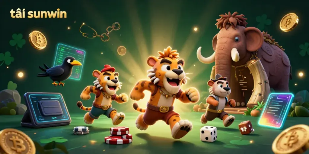 Engage in fun and exciting games at tải sunwin with vibrant 3D prehistoric-themed casino illustration.