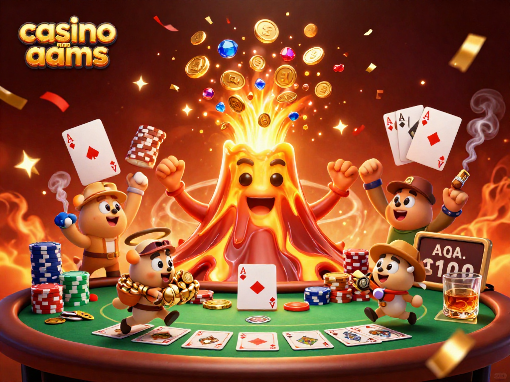 Giocare nei casino non AAMS mentre un vulcano dorato erutta oro e gemme, tra animali esploratori e tavoli da poker.