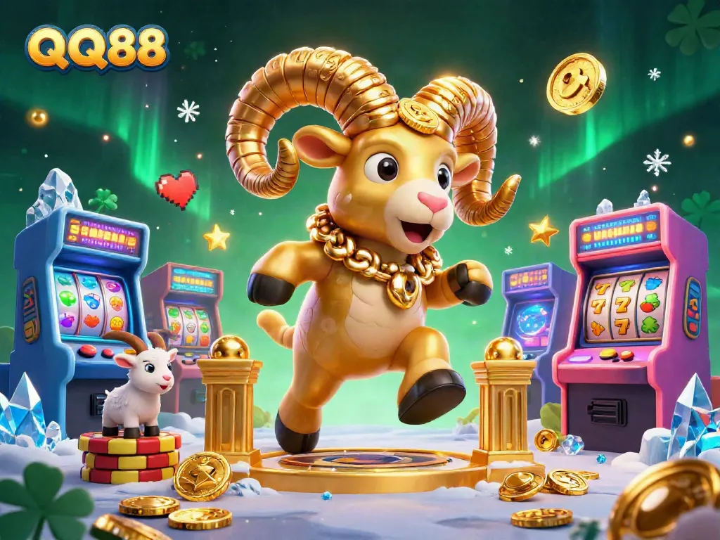 Engage in thrilling QQ88 casino adventures with a golden ram charging through a vibrant gaming landscape.