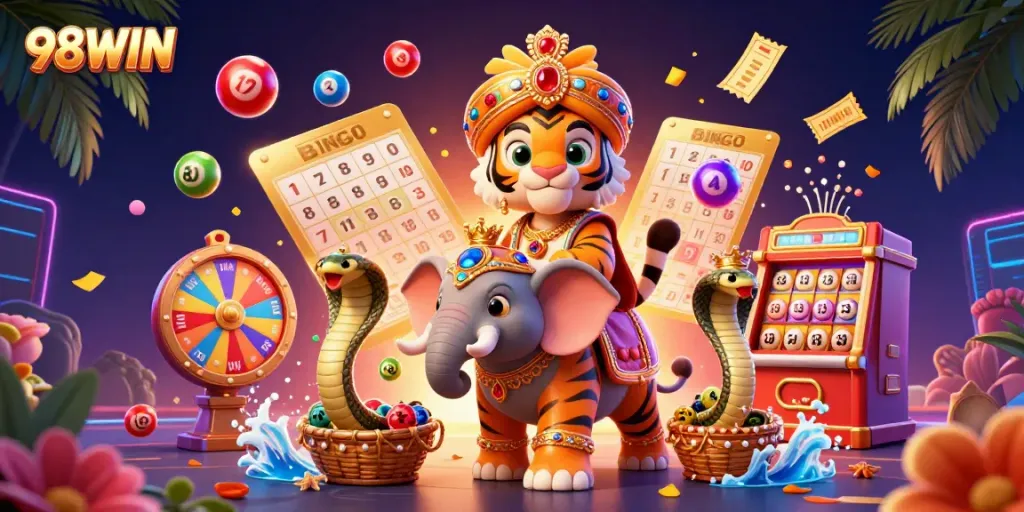Engage in thrilling gameplay at 98WIN with an enchanting casino scene filled with vibrant game elements.