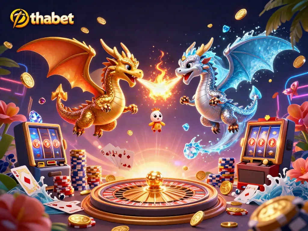 Experience thrilling moments at thabet with 3D dragons and vibrant gaming elements creating a dynamic casino atmosphere.