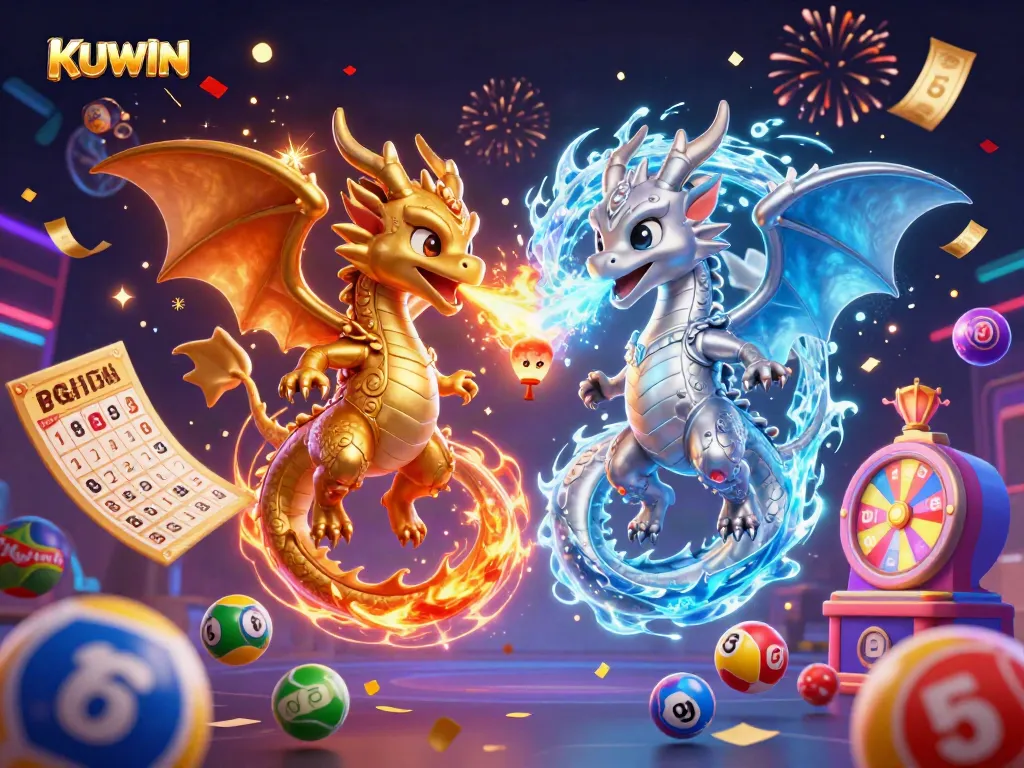 KUWIN introduces an enchanting 3D illustration featuring golden and silver dragons amidst vibrant casino elements, evoking excitement and luck.