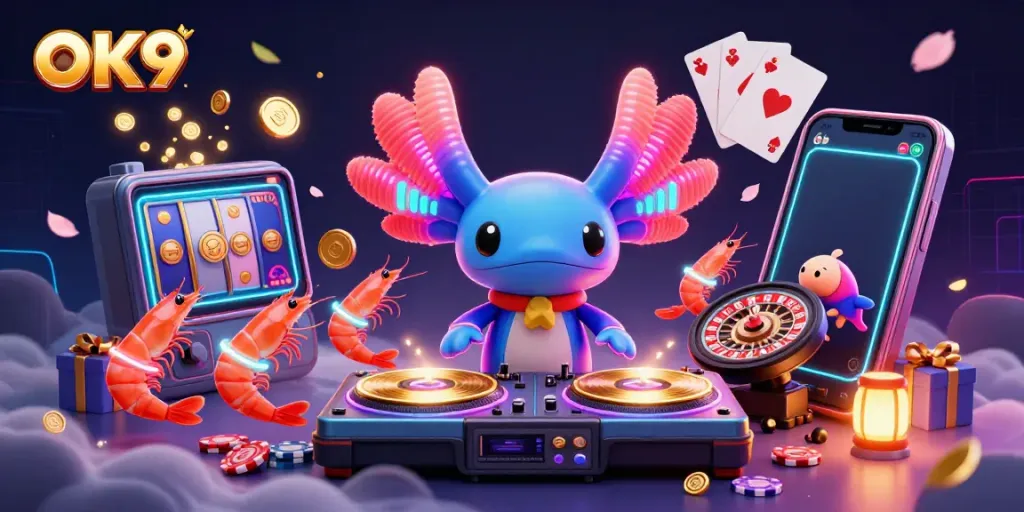 Experience thrilling gameplay at OK9 with vibrant 3D scenes and characters celebrating casino culture.
