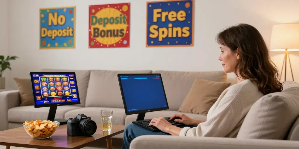 Excited player enjoying a casino bonus sans depot while relaxing at home with snacks and games.