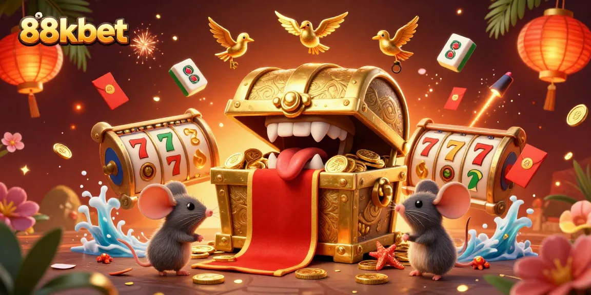 Engage with 88kbet's exciting slot adventures featuring golden treasure chests and vibrant elements.