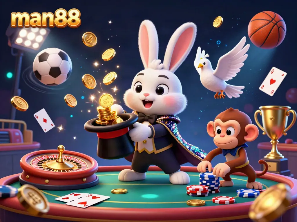 Experience the thrill of man88 casino with the magician rabbit, presenting winning poker chips and lively sports elements.
