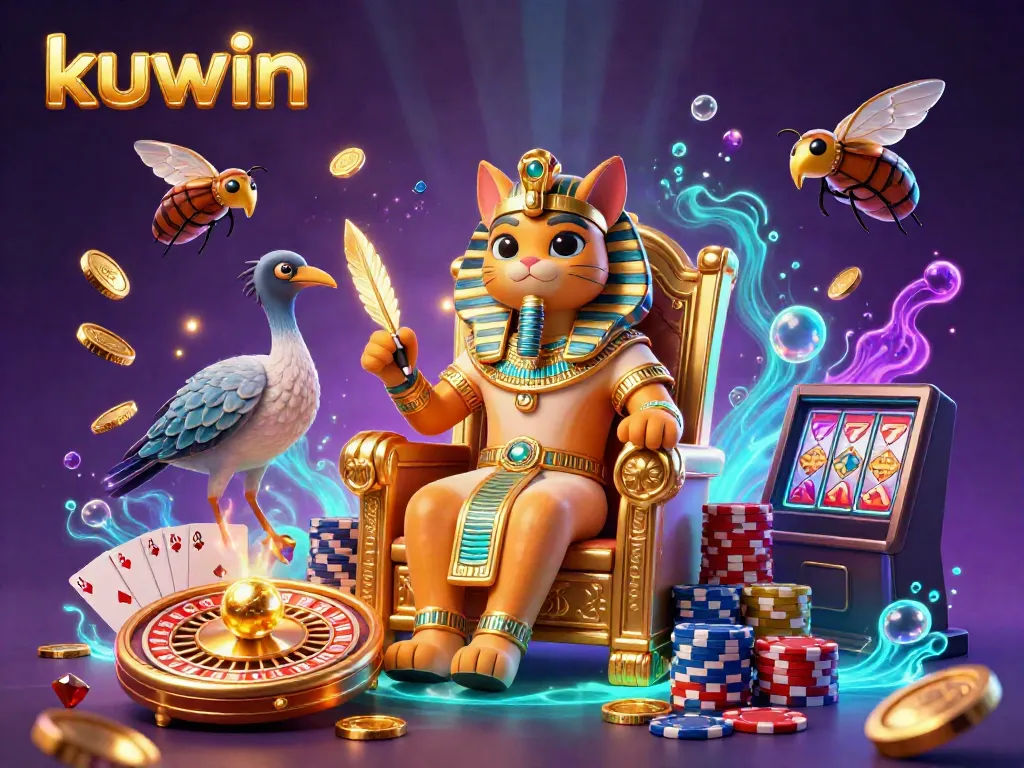Kuwin pharaoh cat engaging in a dazzling casino scene filled with gold coins, roulette wheel, and vibrant playing cards.