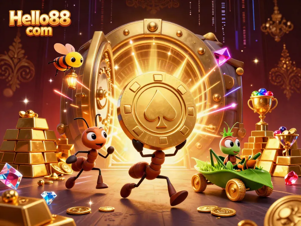 Experience thrilling gameplay at Hello88 com with a whimsical heist scene featuring ants and gold!