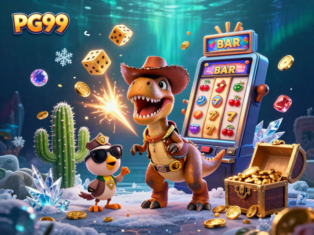 PG99 showcases a vibrant slot machine jackpot with a T-Rex cowboy and friends enjoying the thrill.