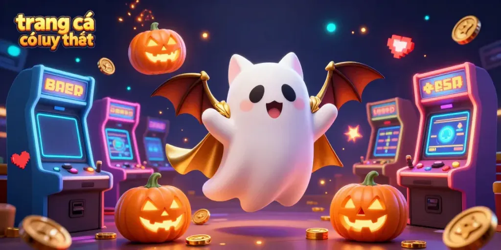 Experience the excitement of trang cá cược uy tín with a ghost cat and vampire bat in a vibrant casino.