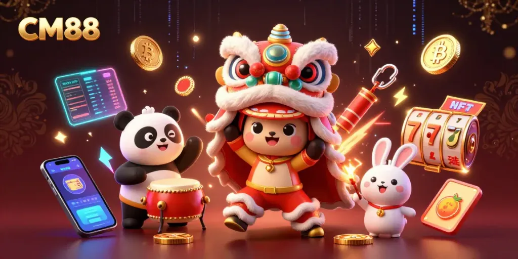 Experience thrilling gaming action with CM88's dynamic lion dance and festive casino elements.