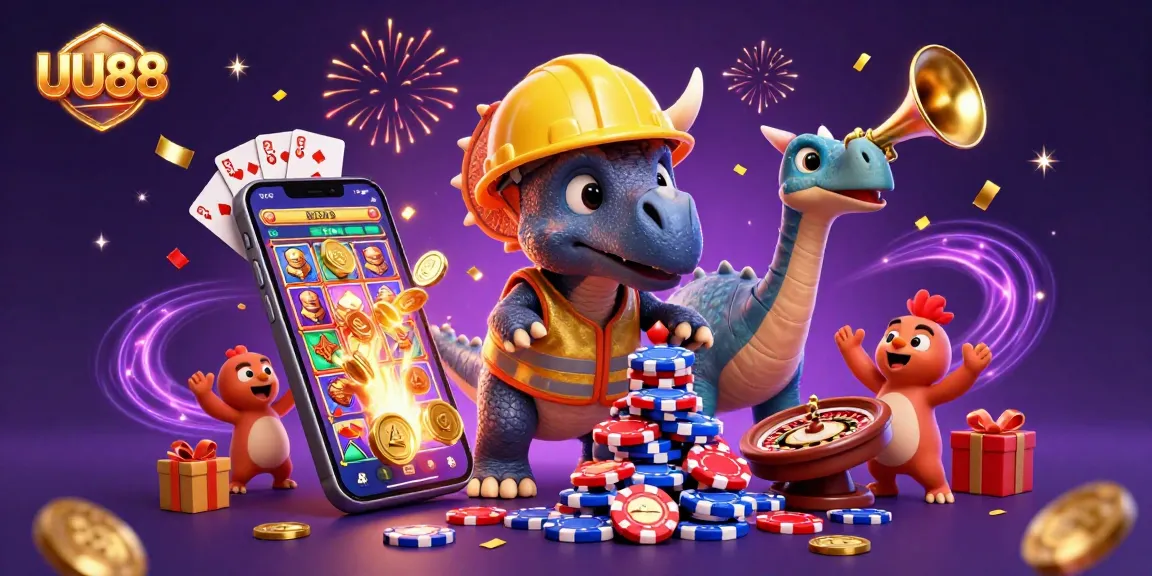 UU88 celebrates with a triceratops building poker chips amid festive casino elements.