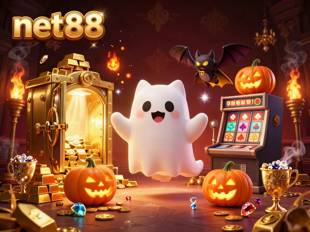 Engage with net88 as the ghost cat and bat explore a mystical casino filled with treasures.