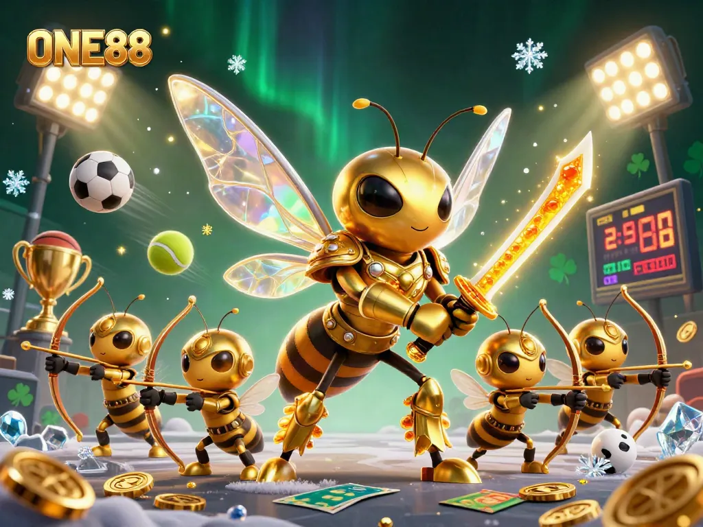 ONE88 sports betting scene with dynamic characters and golden elements in an immersive casino setting