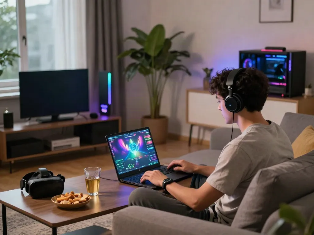Engaging scene of an individual playing SV88 games in a cozy living room.