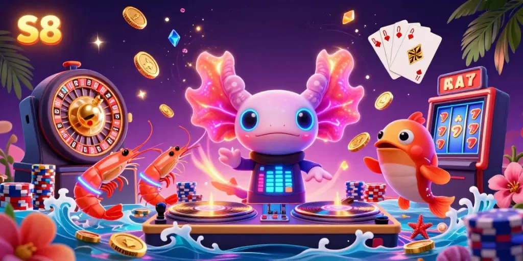 Join the vibrant S8 casino scene with a neon axolotl DJ spinning reels and treasures flying around.