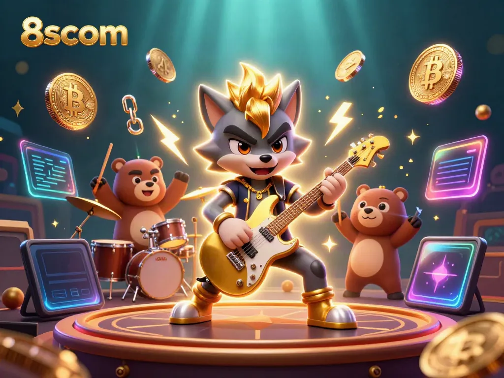Experience the thrill of 8scom's vibrant casino scene with a rock star wolf and a dynamic drummer bear.