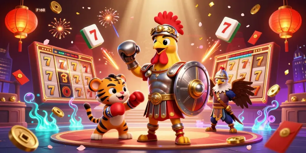 Experience thrilling online gaming at F 168 with the dynamic colosseum-themed illustration featuring a gladiator rooster and tiger cub.