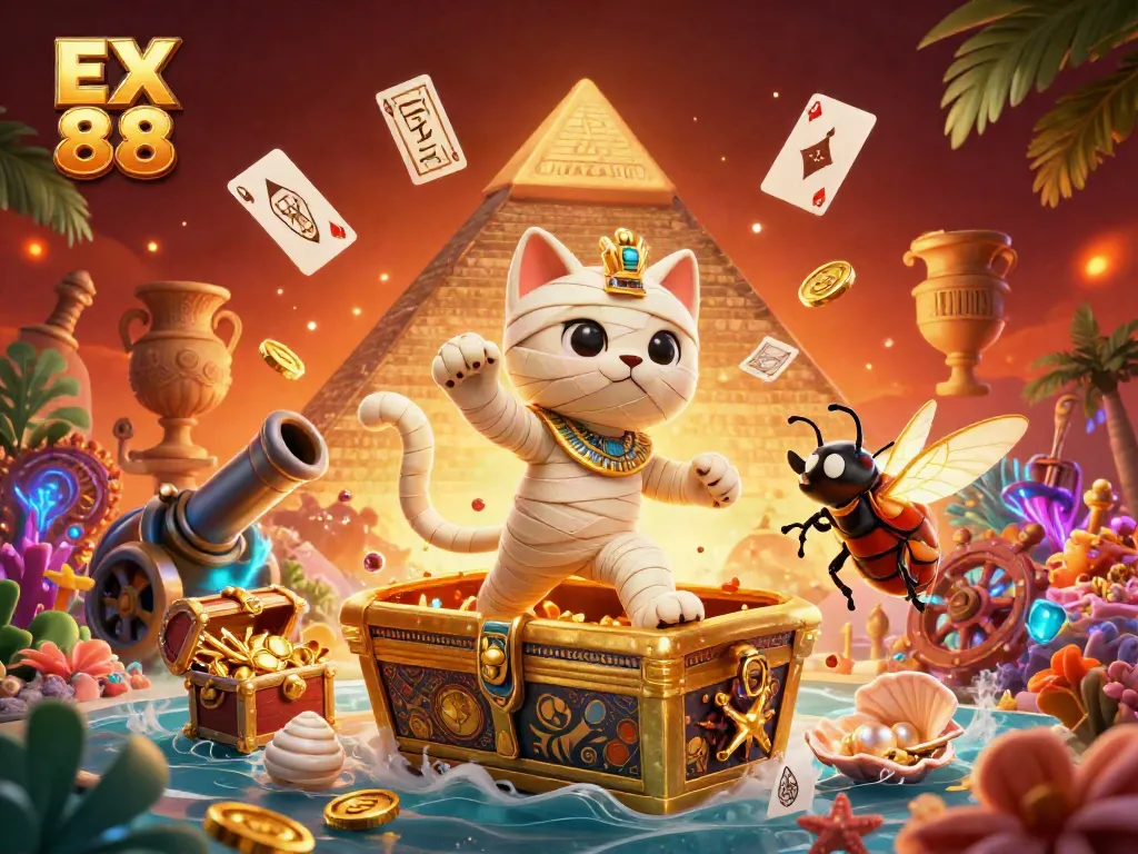Experience the thrilling ambiance of EX 88 casino featuring vibrant Egyptian themes and dynamic gaming elements.