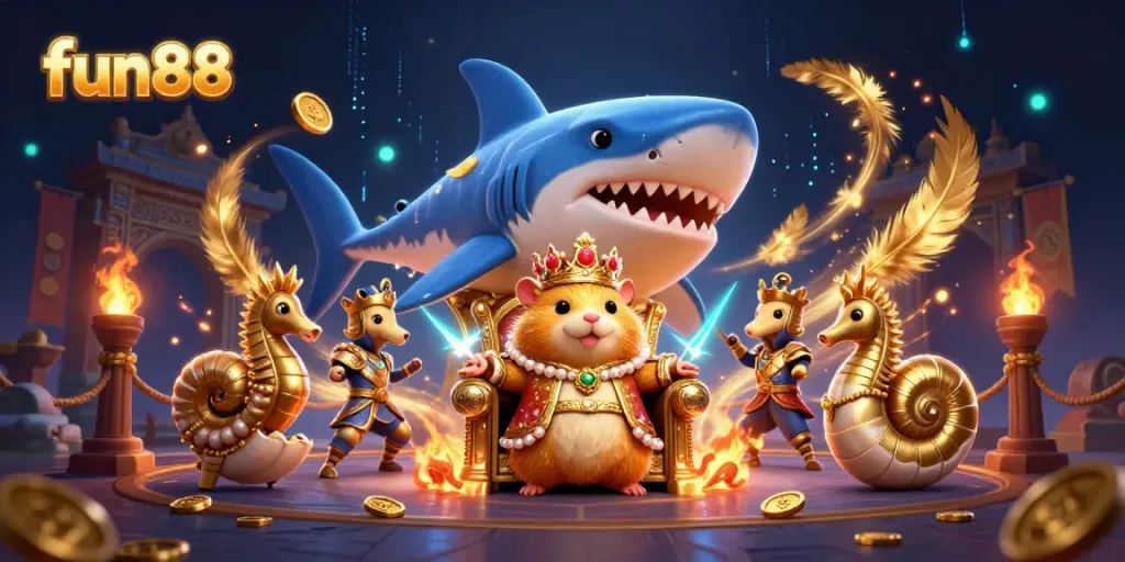 Engage with fun88’s dynamic gambling scene featuring a hamster king and vibrant casino elements.