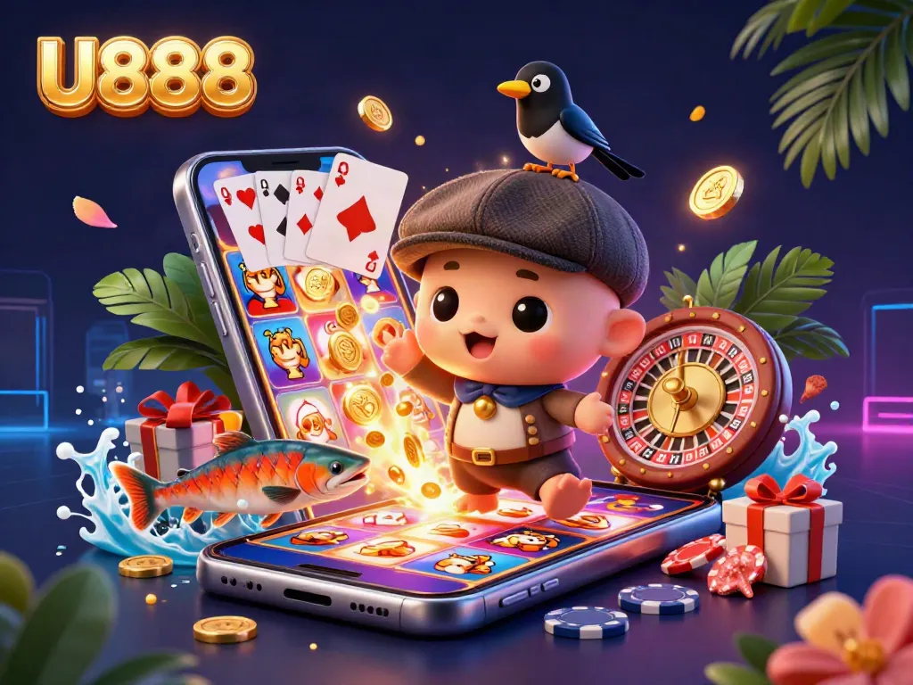 U888 invites players with vibrant slot gameplay featuring a cute baby Nessie and gold coins.