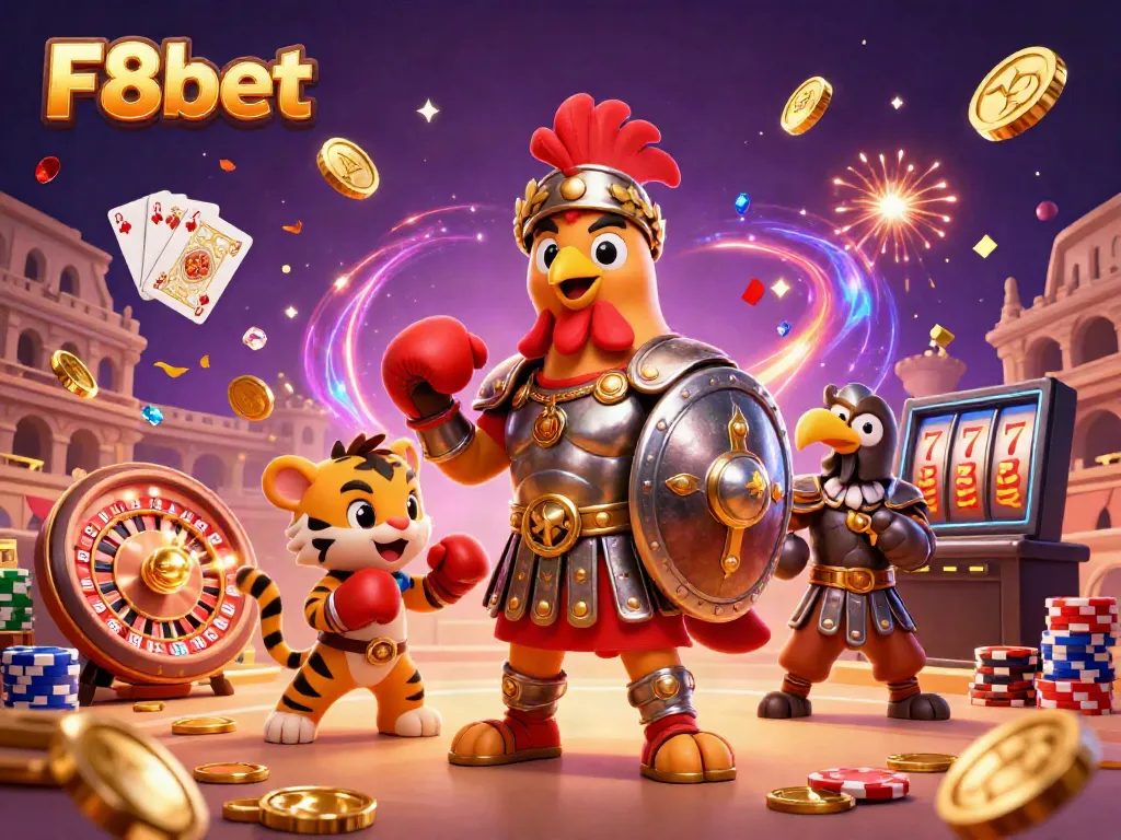 Engage with F8bet's thrilling gaming universe, displaying a dynamic scene of playful characters amid golden treasures and casino elements.
