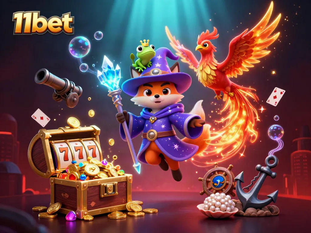 Experience thrilling action and rich rewards with 11bet's casino games in a vibrant fantasy scene.