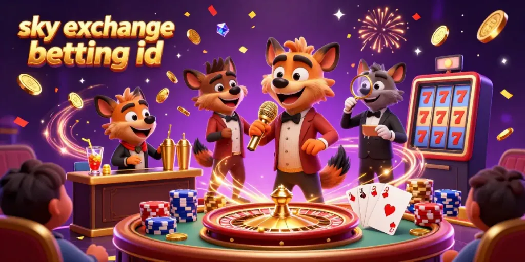 Experience the excitement of sky exchange betting id with vibrant hyenas in a casino, mixing drinks and telling jokes.