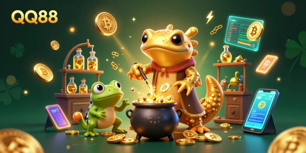 Experience QQ88's enchanting casino world with a golden salamander alchemist, transmuting coins amidst vibrant game elements.