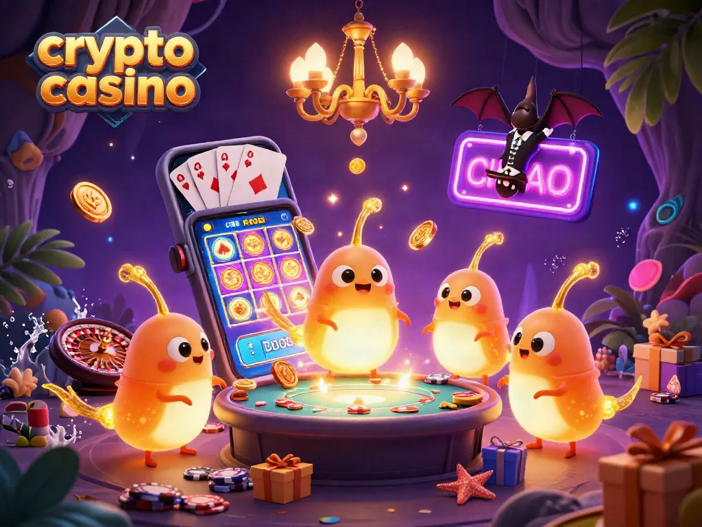 Experience the excitement of a crypto casino illuminated by bioluminescent glowworms and a bat dealer amidst a lively setting.