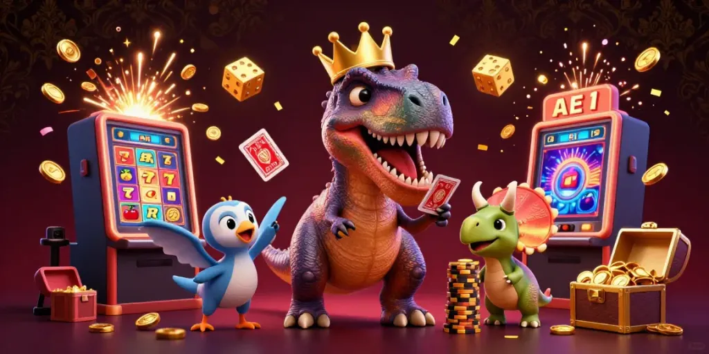 33win casino scene featuring a T-Rex shuffling cards and dynamic game elements bursting with excitement.